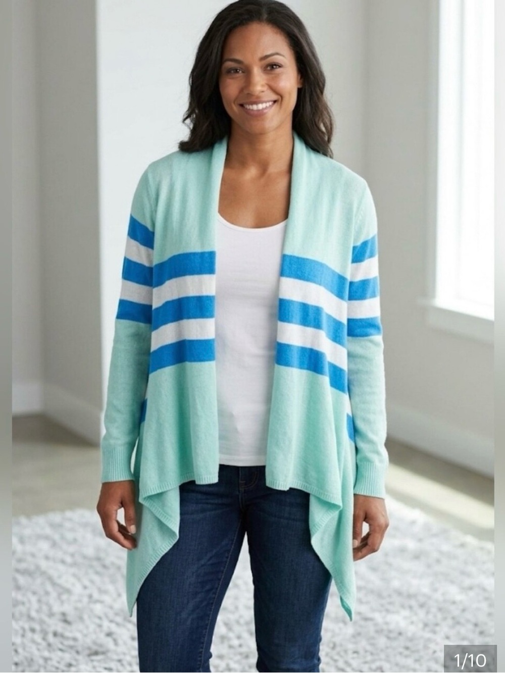 Vineyard Vines mint green striped open front coastal draped waterfall cardigan M